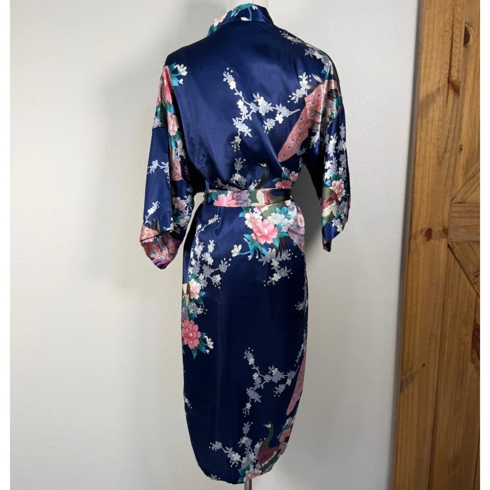 Sam Well Womens M Satin Kimono Robe Navy Peacock Floral Belted Asian Inspired